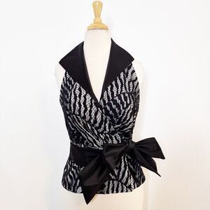 Tadashi‎ Collection Sleeveless Top Sz 8 Faux Wrap High Collar Lace Black Glam